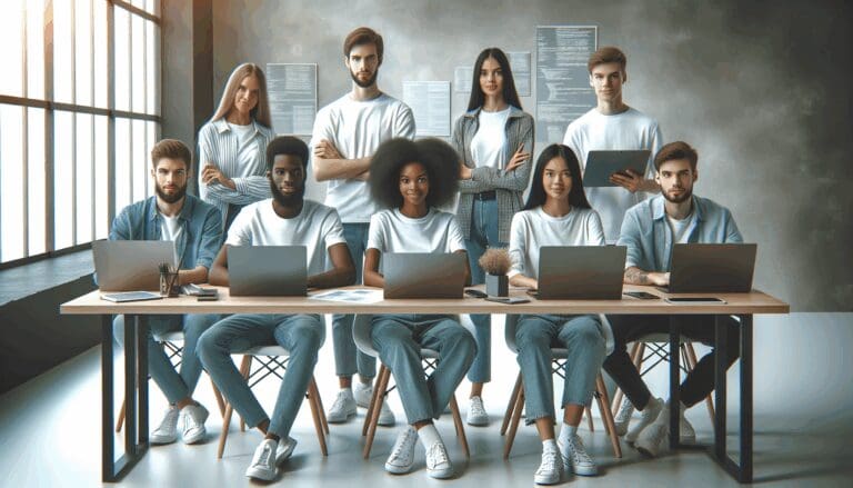 Grupo diverso de jóvenes desarrolladores trabajando juntos en oficina moderna con computadoras portátiles y pantallas.