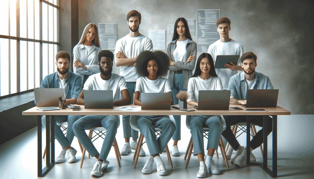 Grupo diverso de jóvenes desarrolladores trabajando juntos en oficina moderna con computadoras portátiles y pantallas.