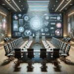 Sala de conferencias con equipos de realidad virtual e innovación tecnológica.