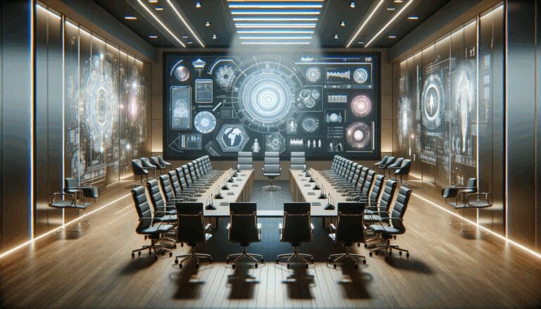 Sala de conferencias con equipos de realidad virtual e innovación tecnológica.