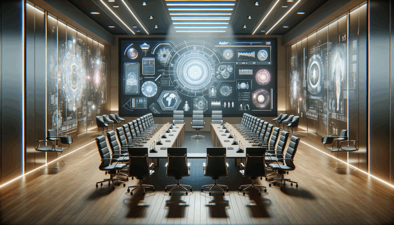 Sala de conferencias con equipos de realidad virtual e innovación tecnológica.