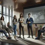 Grupo diverso de emprendedores presentando ideas en un auditorio moderno, ambiente tecnológico y colaborativo.