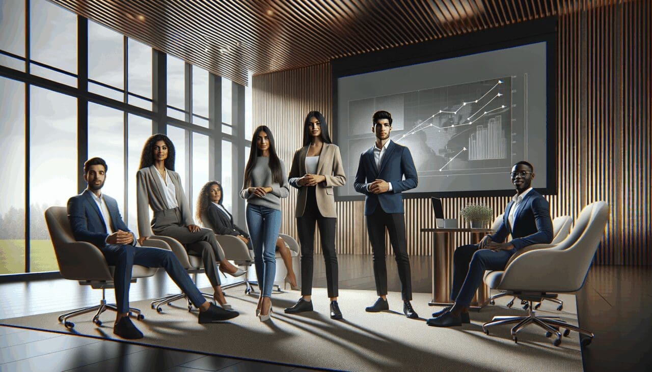Grupo diverso de emprendedores presentando ideas en un auditorio moderno, ambiente tecnológico y colaborativo.