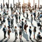 Grupo diverso de personas reunidas en un espacio moderno, conversando sobre ideas de negocio y tecnología.