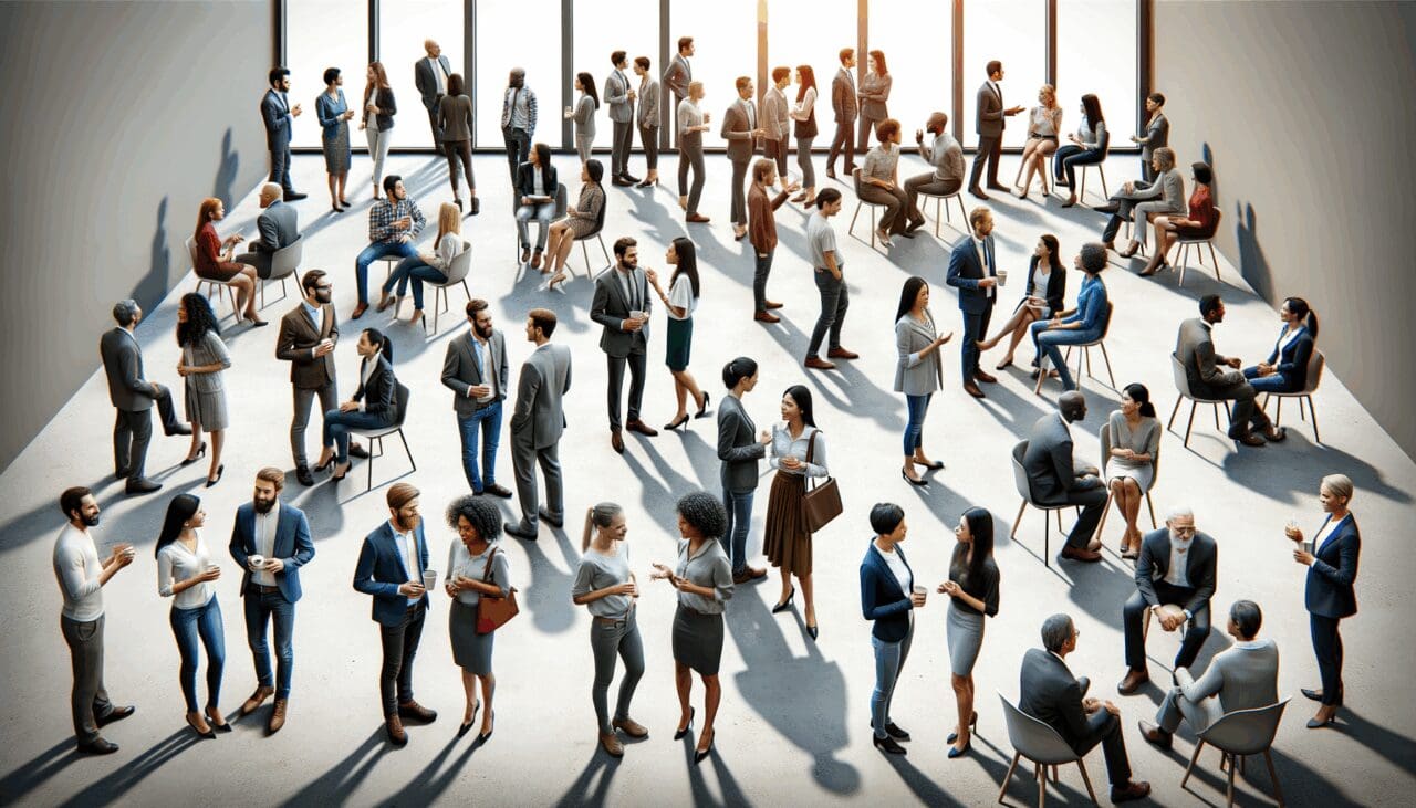 Grupo diverso de personas reunidas en un espacio moderno, conversando sobre ideas de negocio y tecnología.