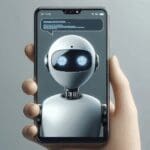 Primer plano de una interfaz de chatbot en un smartphone, fondo neutro, estilo tecnológico y profesional.