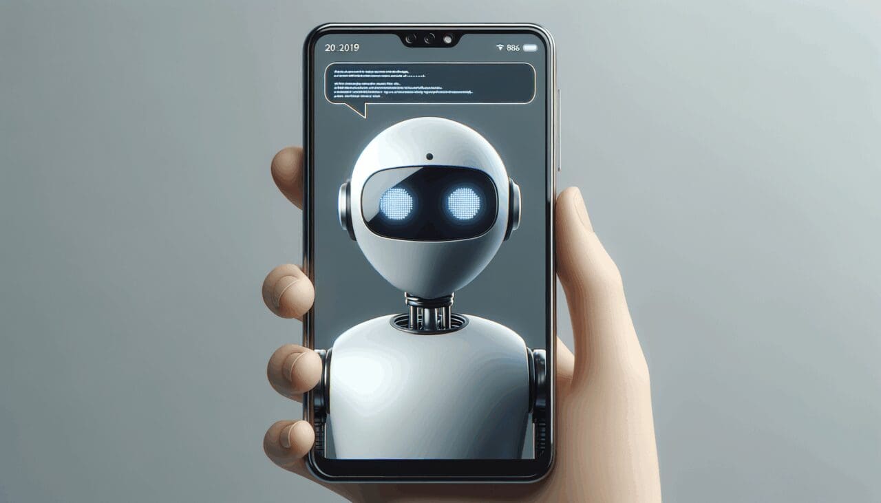 Primer plano de una interfaz de chatbot en un smartphone, fondo neutro, estilo tecnológico y profesional.