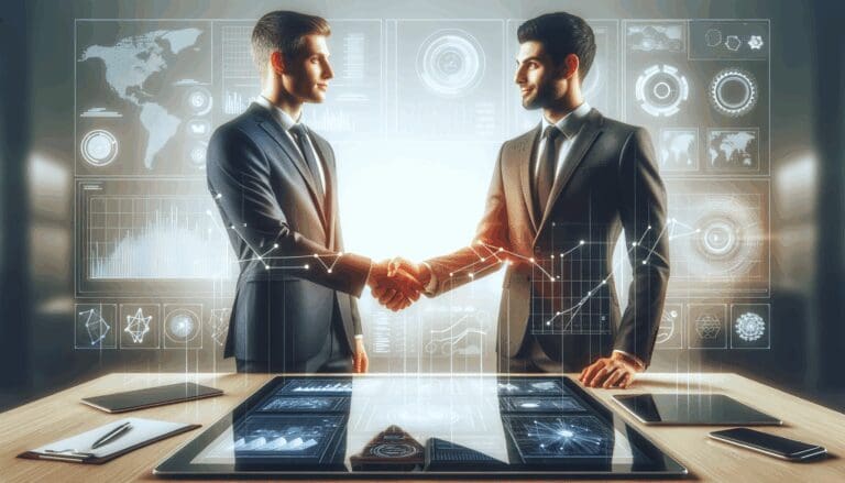 Ilustración de dos empresarios estrechando manos sobre una mesa con dispositivos tecnológicos y gráficas de datos.