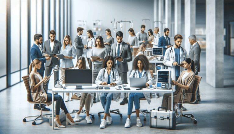 Grupo diverso de jóvenes profesionales colaborando en una oficina moderna con dispositivos médicos y pantallas digitales.