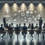 Grupo de emprendedores presentando ideas tecnológicas en una sala de reuniones moderna.