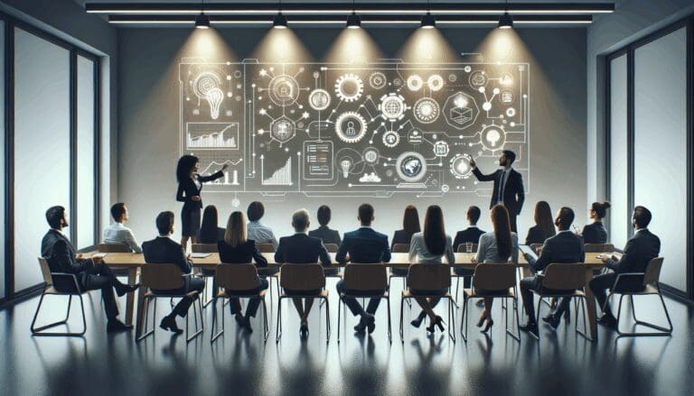 Grupo de emprendedores presentando ideas tecnológicas en una sala de reuniones moderna.