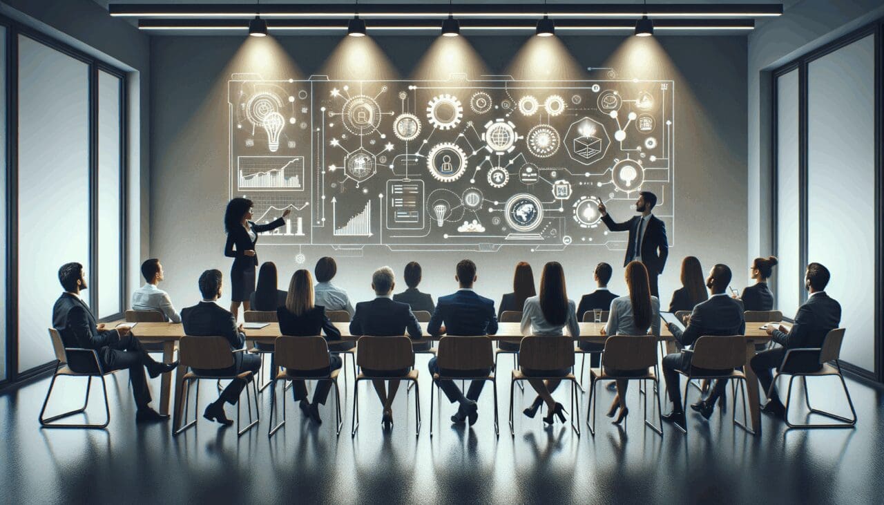 Grupo de emprendedores presentando ideas tecnológicas en una sala de reuniones moderna.