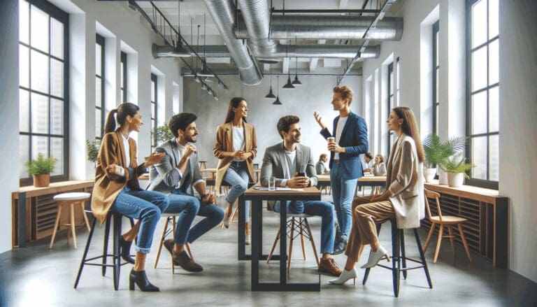 Emprendedores reunidos discutiendo ideas en un entorno moderno de coworking.