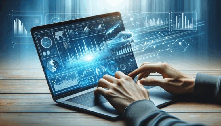 Primer plano de manos usando una laptop con gráficos de finanzas digitales y fondos abstractos en tonos azules.