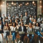 Emprendedores reunidos en un espacio de coworking moderno, con laptops y pizarras llenas de ideas.