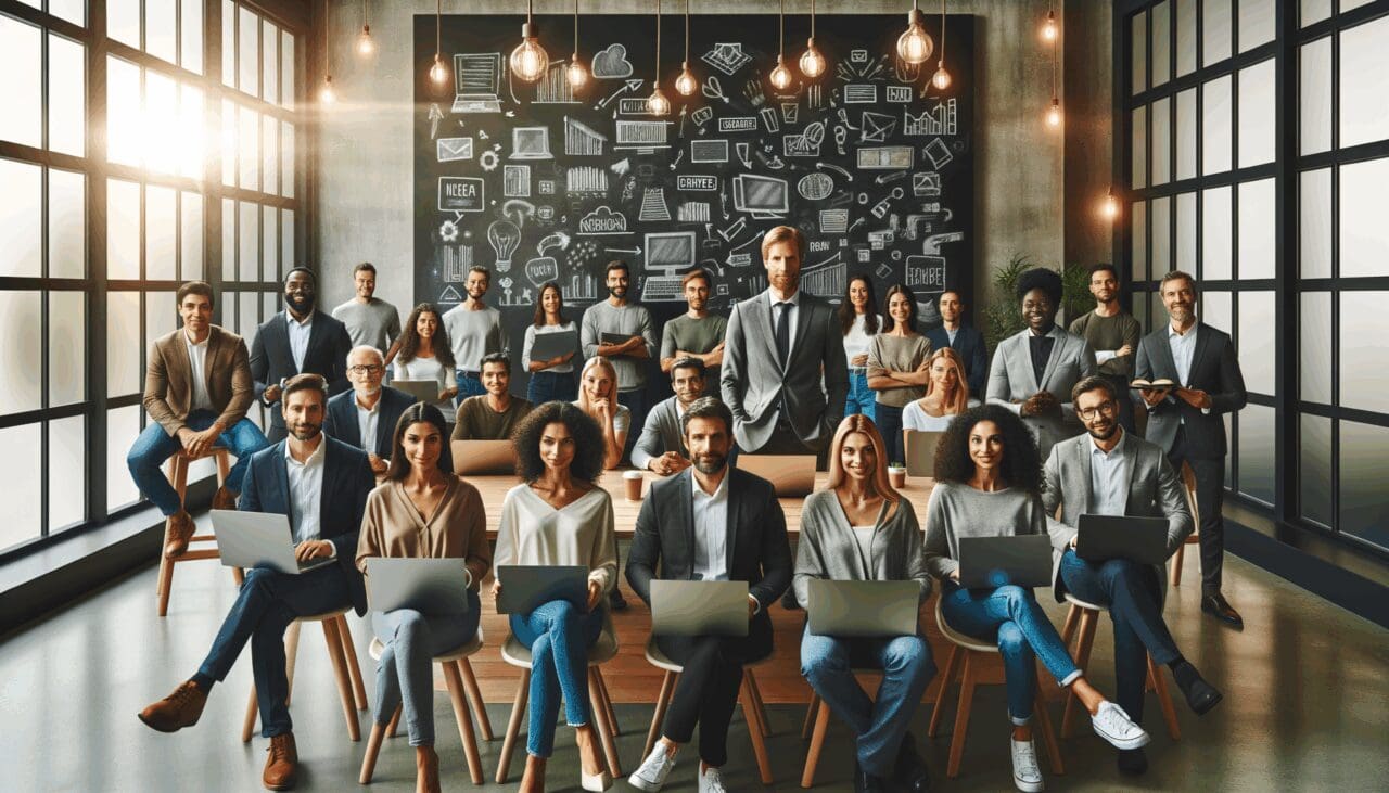 Emprendedores reunidos en un espacio de coworking moderno, con laptops y pizarras llenas de ideas.