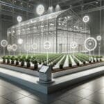 Fotografía de un invernadero moderno con sensores y cultivo tecnológico en primer plano