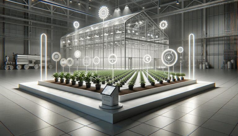 Fotografía de un invernadero moderno con sensores y cultivo tecnológico en primer plano
