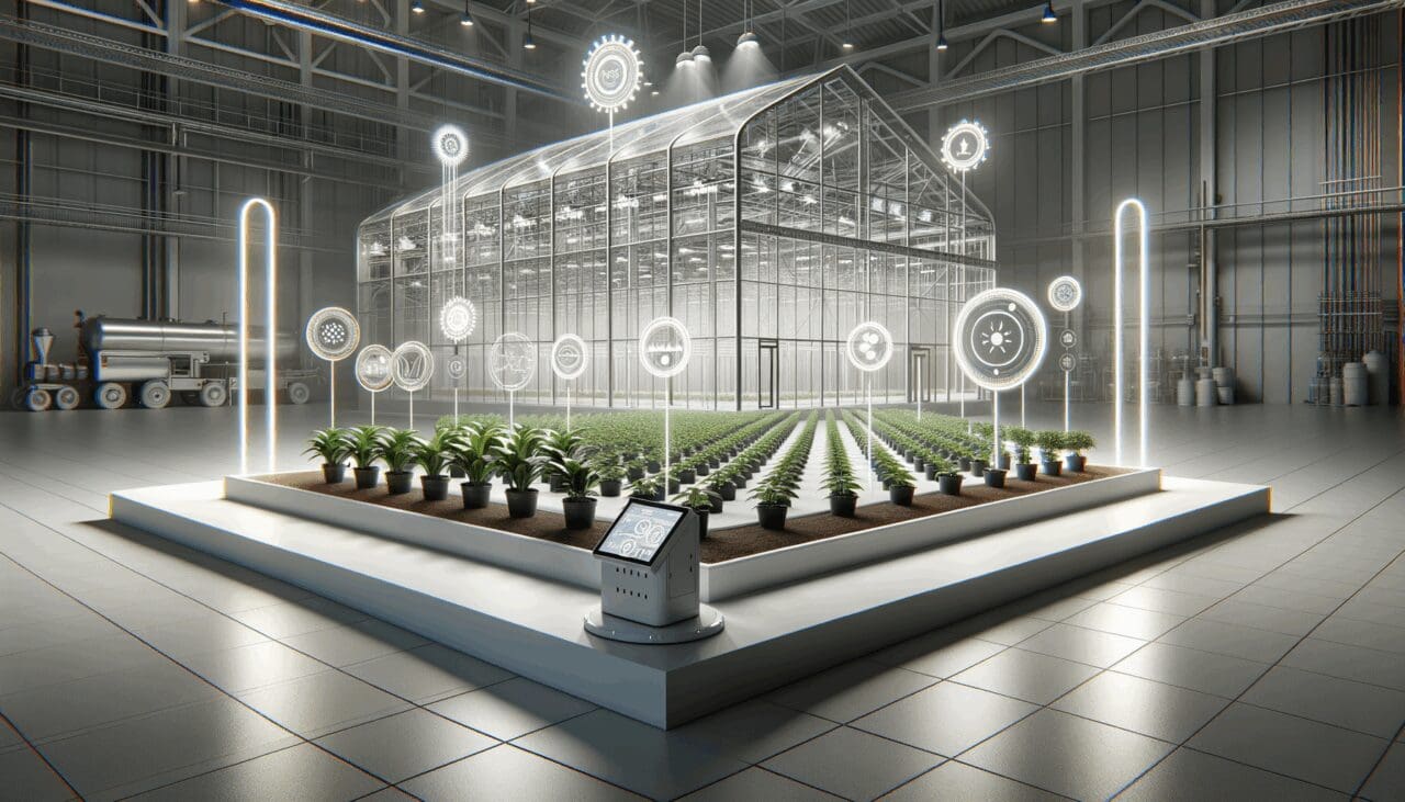 Fotografía de un invernadero moderno con sensores y cultivo tecnológico en primer plano