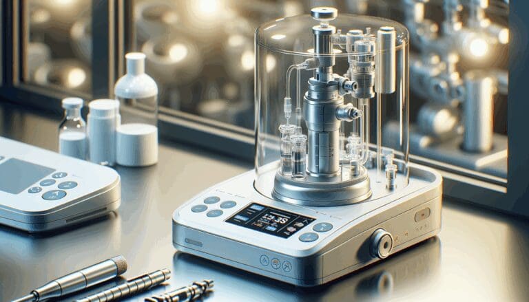 Primer plano de un dispositivo médico de alta tecnología en un entorno de laboratorio.