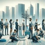 Equipo técnico instalando cables de fibra óptica en un entorno urbano moderno.