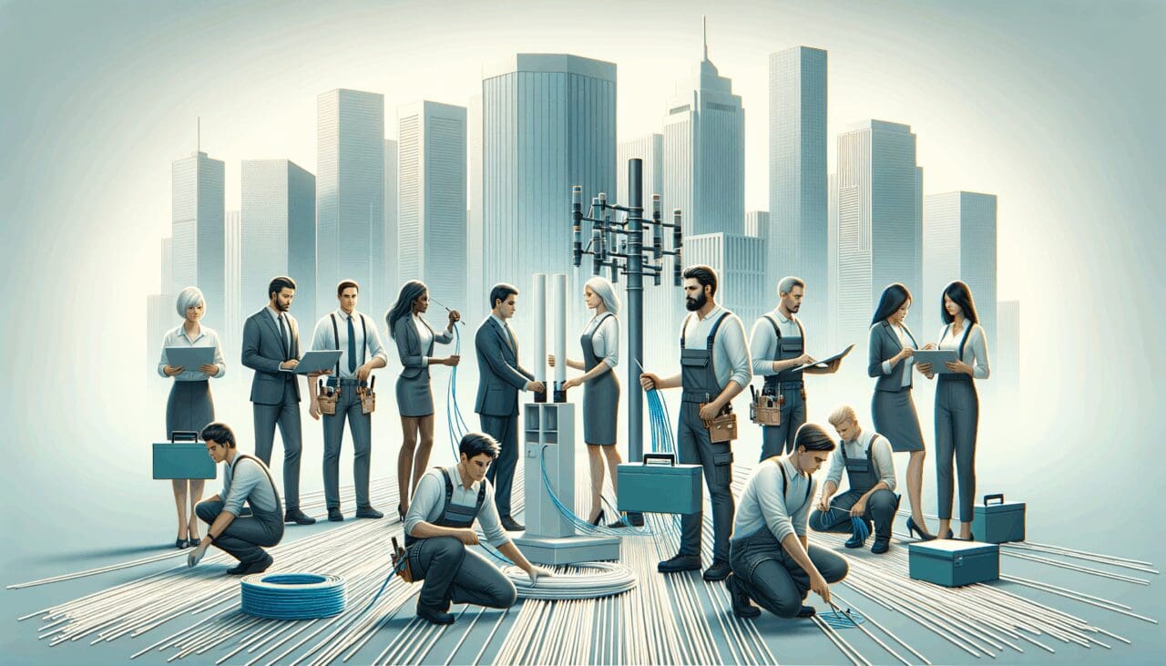 Equipo técnico instalando cables de fibra óptica en un entorno urbano moderno.