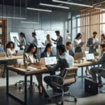 Oficina moderna con jóvenes profesionales colaborando en computadoras portátiles y pizarras digitales.