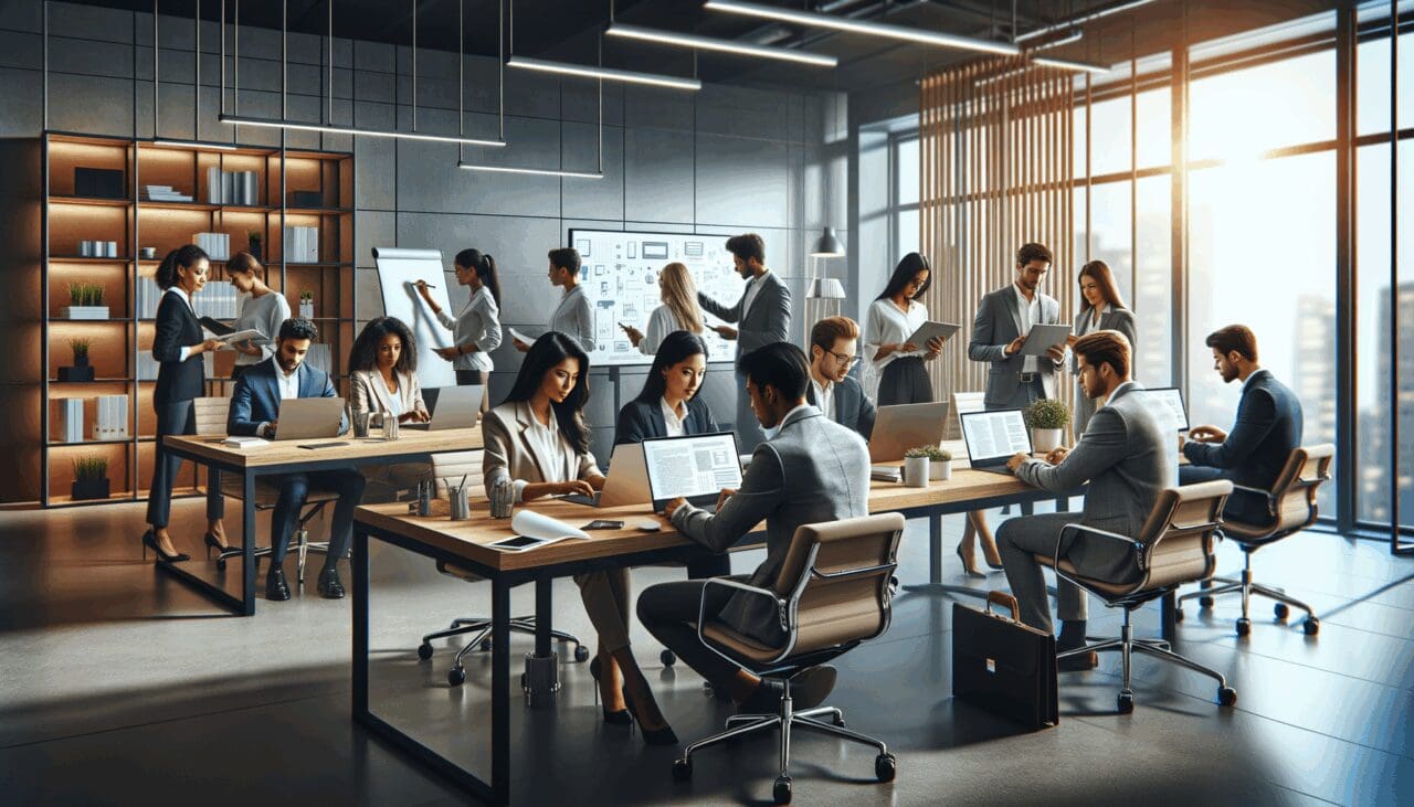 Oficina moderna con jóvenes profesionales colaborando en computadoras portátiles y pizarras digitales.