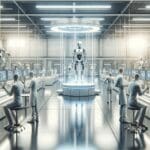 Un laboratorio futurista con robots humanoides junto a ingenieros trabajando, iluminación clara y ambiente de alta tecnología.