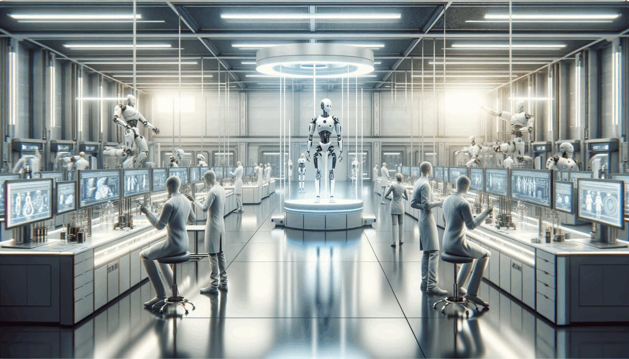 Un laboratorio futurista con robots humanoides junto a ingenieros trabajando, iluminación clara y ambiente de alta tecnología.