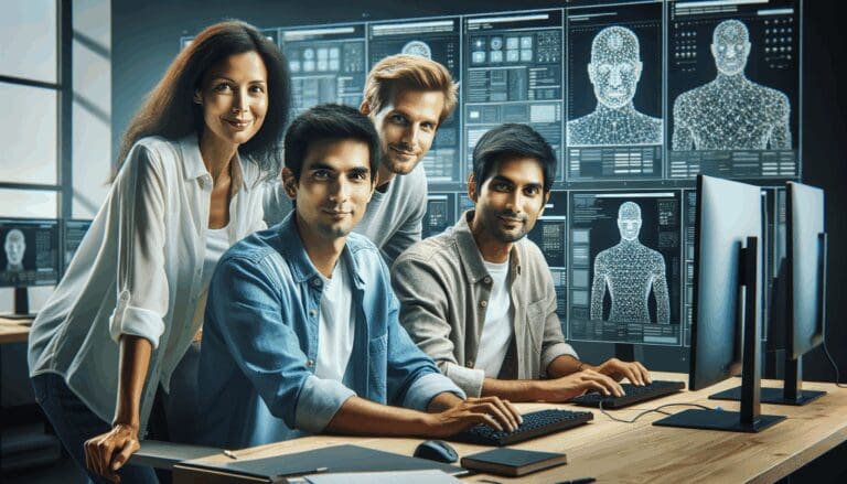 Tres ingenieros reunidos frente a computadoras en un entorno moderno relacionado con inteligencia artificial.