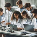 Jóvenes científicos en laboratorio colaborando con laptops y prototipos tecnológicos.