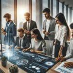 Grupo de jóvenes profesionales colaborando en una oficina moderna con pantallas y gráficos tecnológicos.