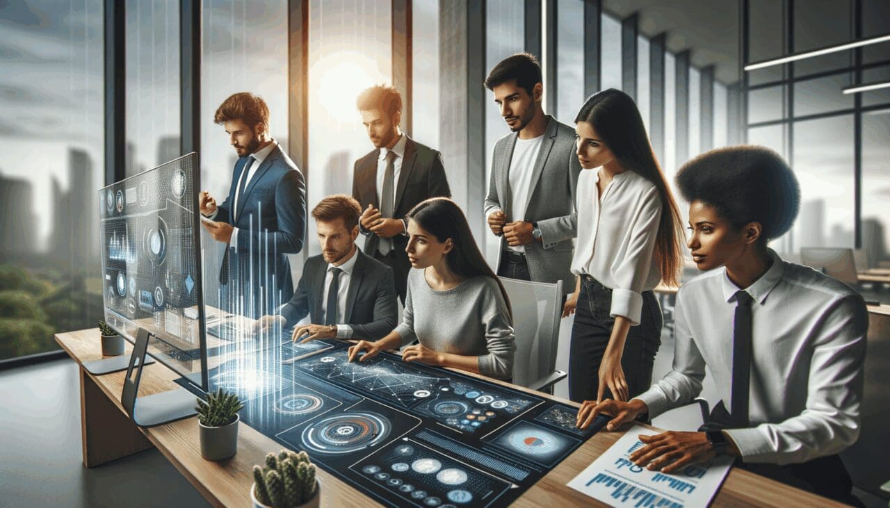 Grupo de jóvenes profesionales colaborando en una oficina moderna con pantallas y gráficos tecnológicos.