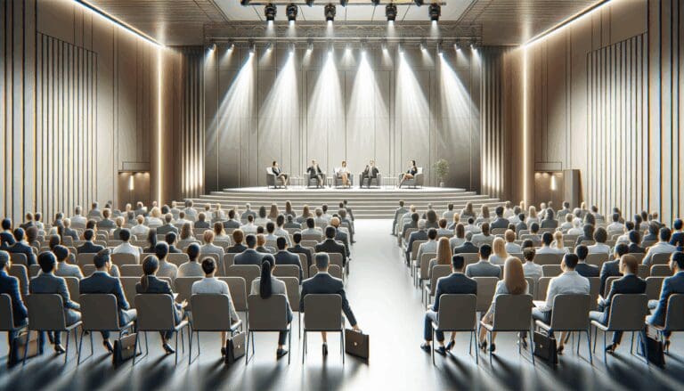 Fotografía de un evento networking con emprendedores y empresarios en un moderno auditorio corporativo.