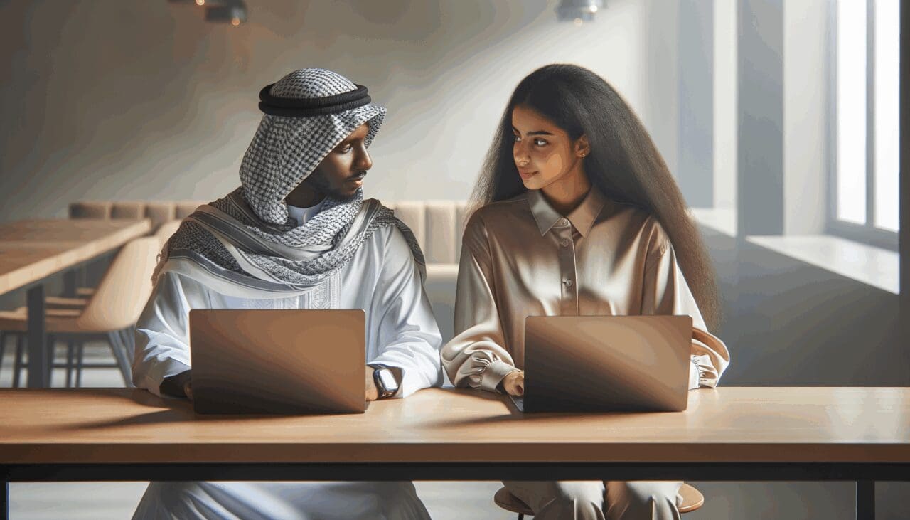 Dos mujeres jóvenes colaborando frente a laptops en un espacio de coworking moderno.