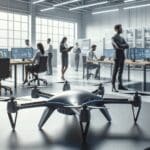 Drones autónomos sobre una mesa tecnológica, con ingenieros trabajando al fondo en un entorno moderno.