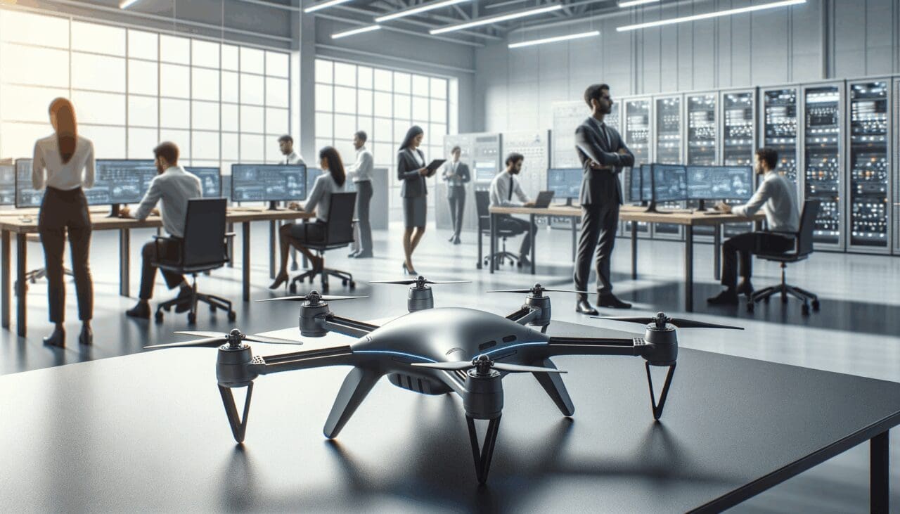 Drones autónomos sobre una mesa tecnológica, con ingenieros trabajando al fondo en un entorno moderno.