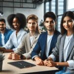 Retrato profesional de un equipo de jóvenes emprendedores en un moderno coworking tecnológico.