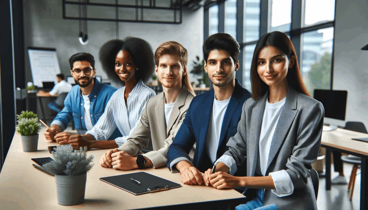 Retrato profesional de un equipo de jóvenes emprendedores en un moderno coworking tecnológico.