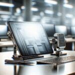 Primer plano de equipos tecnológicos de última generación en una mesa de trabajo con fondo desenfocado.