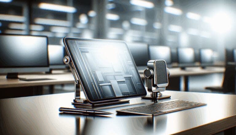 Primer plano de equipos tecnológicos de última generación en una mesa de trabajo con fondo desenfocado.