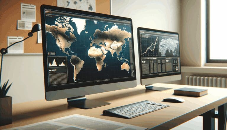 Pantallas de computadora mostrando mapas geológicos digitales en una oficina.
