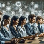 Primer plano de un equipo de emprendedores trabajando frente a pantallas con gráficos digitales y elementos de blockchain en una oficina moderna.