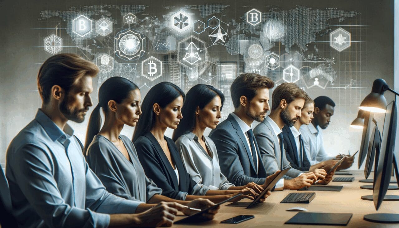 Primer plano de un equipo de emprendedores trabajando frente a pantallas con gráficos digitales y elementos de blockchain en una oficina moderna.