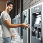 Joven usando una máquina de devolución de envases automática en un espacio urbano moderno, luz natural.