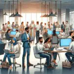 Emprendedores colaborando en un moderno espacio de coworking rodeados de pantallas y tecnología.