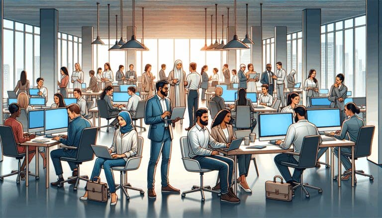 Emprendedores colaborando en un moderno espacio de coworking rodeados de pantallas y tecnología.