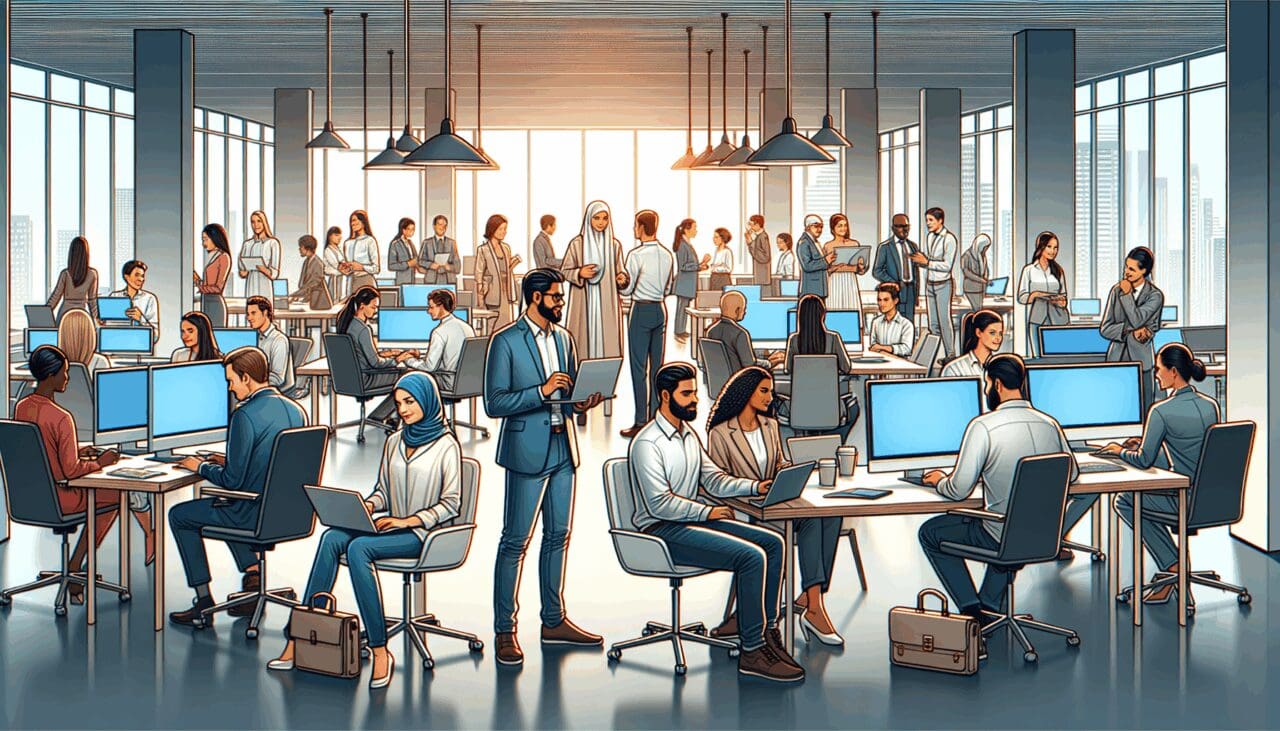 Emprendedores colaborando en un moderno espacio de coworking rodeados de pantallas y tecnología.