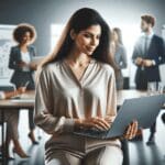 Mujer líder en una sala de reuniones moderna, trabajando en una laptop rodeada de equipos diversos en un ambiente tecnológico.